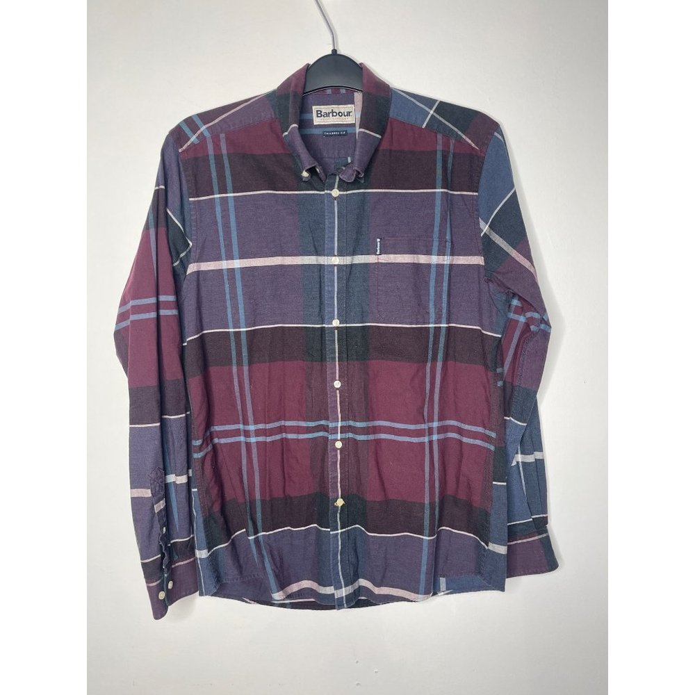 Barbour Cannich Tailored Fit Blue Maroon Plaid Check Cotton Button Up Shirt Size